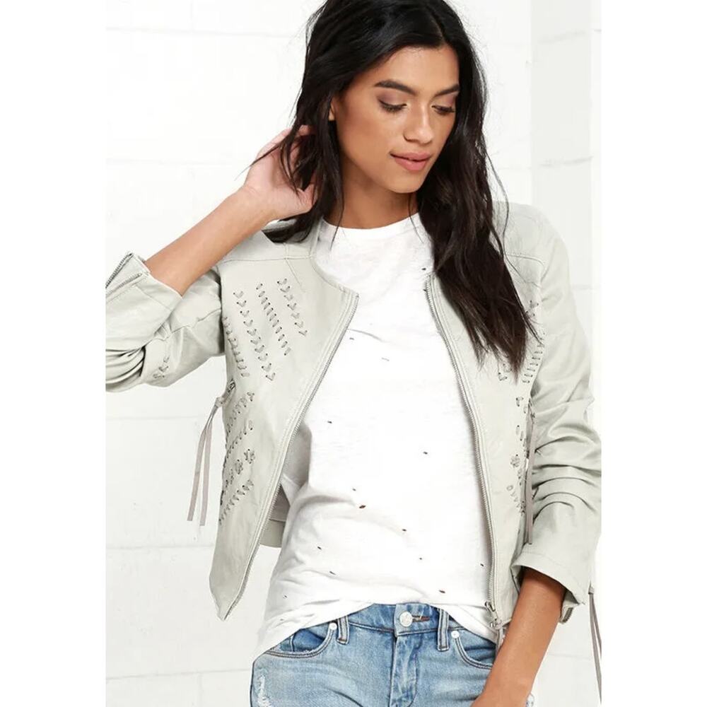 Blank NYC Faux Leather Jacket Womens Medium l Cream Whipstitch Moto Biker